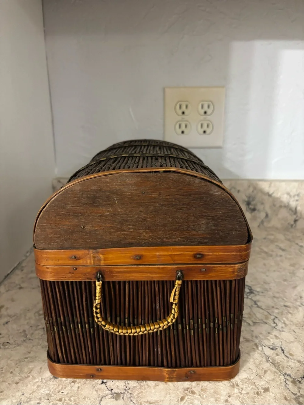 Vintage Wicker and Wood Domed Treasure Chest Trinket Box Storage Decor